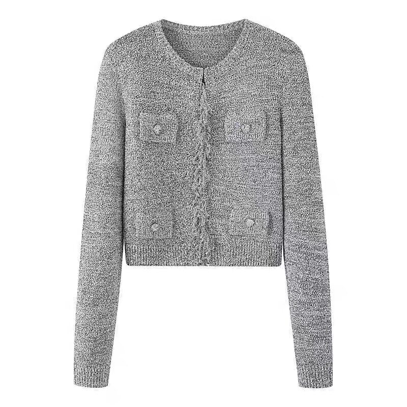 C524新款时尚百搭宽松小香风毛边长袖针织开衫外套女