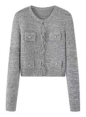 C524新款时尚百搭宽松小香风毛边长袖针织开衫外套女