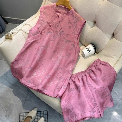 B713新中式套装女2025夏季新款时尚提花国风高级感马甲短裤两件套