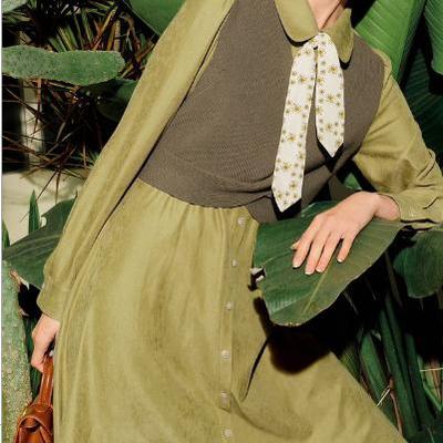 A734连衣裙时尚翻领收腰显瘦气质假两件中长款裙子女 无丝巾