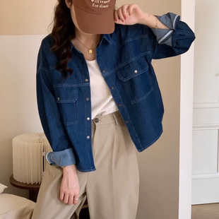 A804春新小个子上衣短款牛仔外套女设计感叠穿衬衣休闲穿搭衬衫