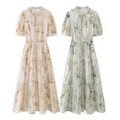 国风印花中长裙子收腰显瘦新中式 C132连衣裙夏季 新款 盘扣气质0.35