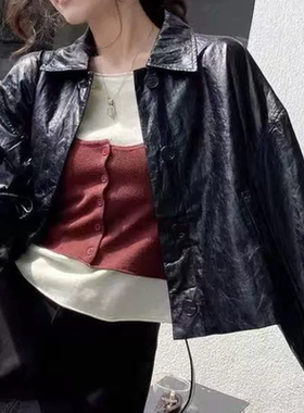 B553金秋家新款翻领纯色PU蛋白皮外套女宽松休闲极简皮衣