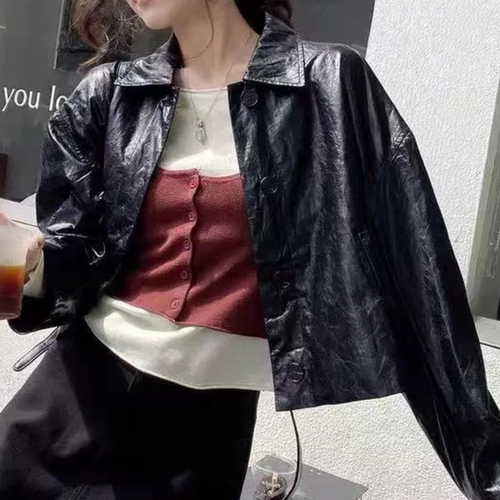 B553金秋家新款翻领纯色PU蛋白皮外套女宽松休闲极简皮衣
