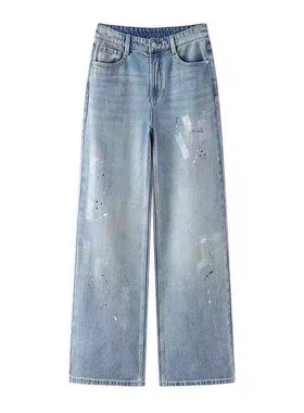 A302时尚涂鸦高腰时尚百搭做旧直筒休闲阔腿牛仔裤女