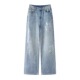 百搭做旧直筒休闲阔腿牛仔裤 A302时尚 涂鸦高腰时尚 女