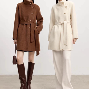 D202偏门襟立领设计中长款腰带收腰双面呢大衣秋冬季新款外套