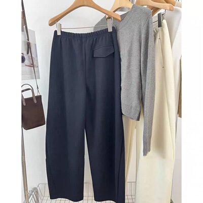 A223欧货松紧腰显瘦休闲直筒百搭加绒弯刀阔腿卫裤女