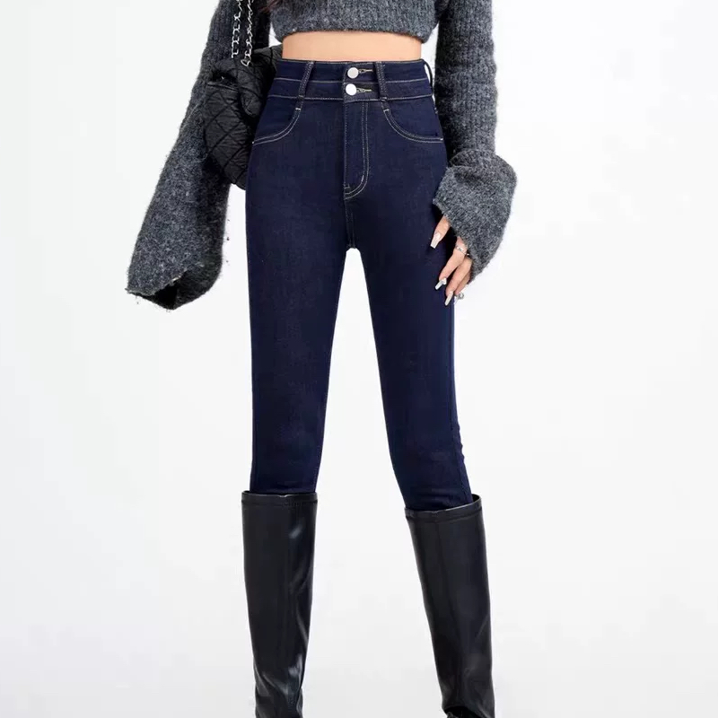C303加绒高腰小脚牛仔裤女2025秋冬新款羊毛绒紧身显瘦弹力牛仔裤