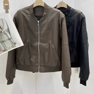 夹棉皮衣外套 棒球领水洗皮短款 A834 韩版