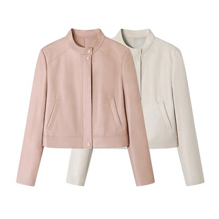 上衣 长袖 女 立领PU仿皮外套单排扣小皮衣宽松短款 C134新款