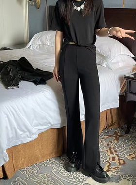 C714高级感黑色松紧高腰微喇叭裤女冬新款垂感显瘦拖地垂感长裤子