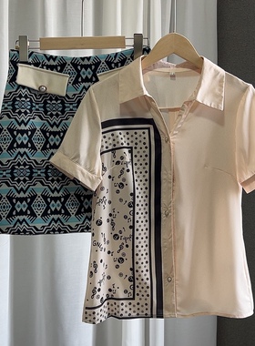 雪纺短袖印花排扣衬衫短裙2件套 高腰民族风A字半身裙两件套C424