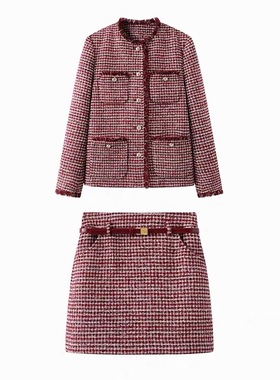 A314张婧仪同款红色花纱加厚小香风外套腰带半裙套装女