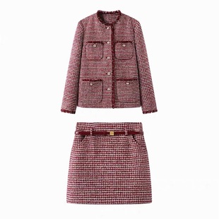 A314张婧仪同款 女 红色花纱加厚小香风外套腰带半裙套装