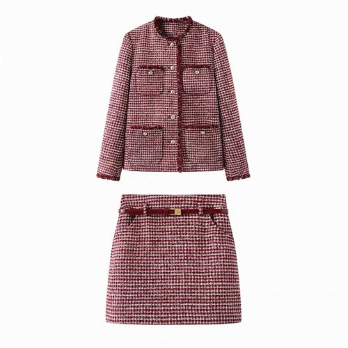 A314张婧仪同款红色花纱加厚小香风外套腰带半裙套装女