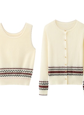 B253春季新款时尚百搭休闲宽松显瘦圆领长袖两件套针织衫女