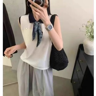 B113高级感翻领撞色丝巾吊坠无袖 冰丝针织上衣 T恤女夏季 新款