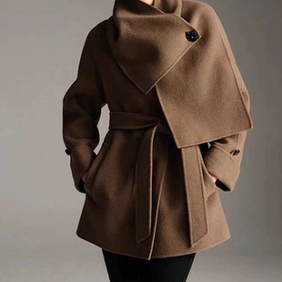 A503冬季 收腰围脖两件套双面呢毛呢大衣外套女41012342 新款