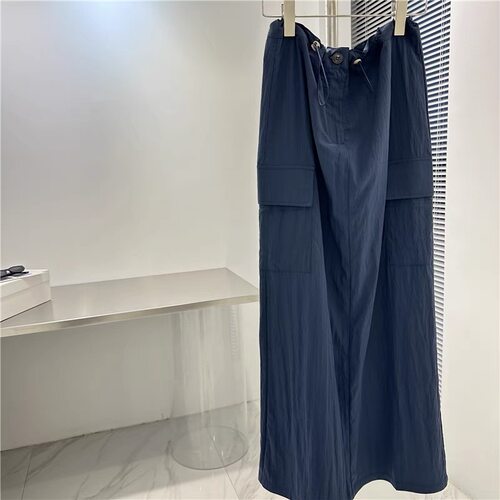 A714薄款速干柔软有内衬工装半身裙女百搭美式宽松直筒开叉抽绳潮