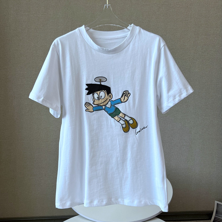 夏季简约卡通动漫哆啦印花刺绣休闲圆领短袖t恤女体恤衫上衣c342