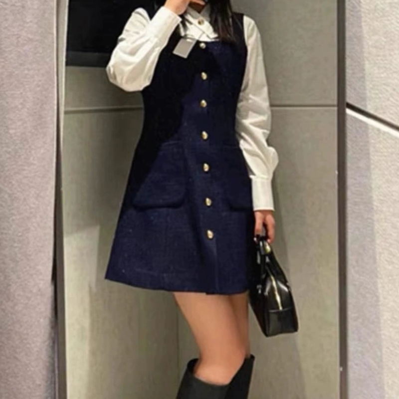 D152连衣裙 春季时尚淑女小香风假两件衬衫背带中长裙0.58