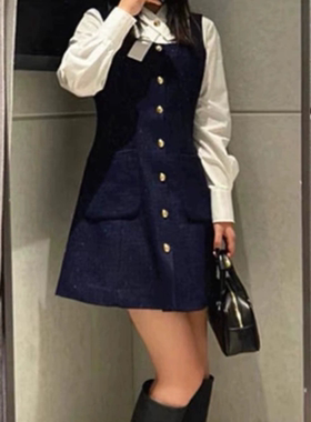 D152连衣裙 春季时尚淑女小香风假两件衬衫背带中长裙0.58