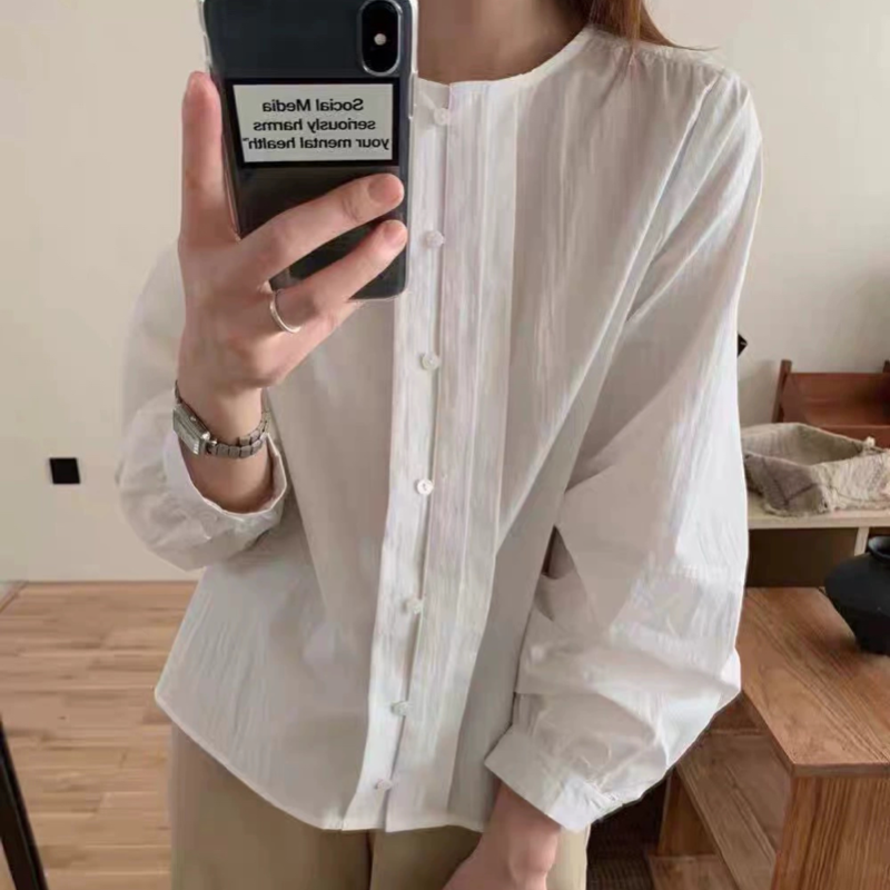 B523韩系圆领单排扣森系长袖衬衫女秋季简约百搭小众上衣876