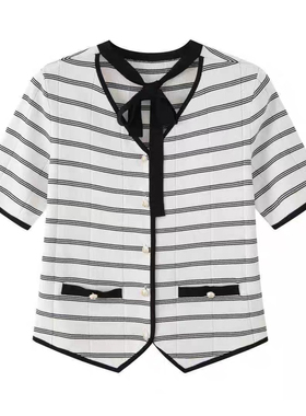 C124女装夏季新款百搭条纹针织时髦撞边V领开衫T恤短袖