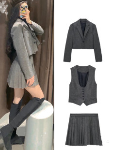 女C755 学院风制服裙马甲日系百褶裙短外套西装 春秋新款 套装