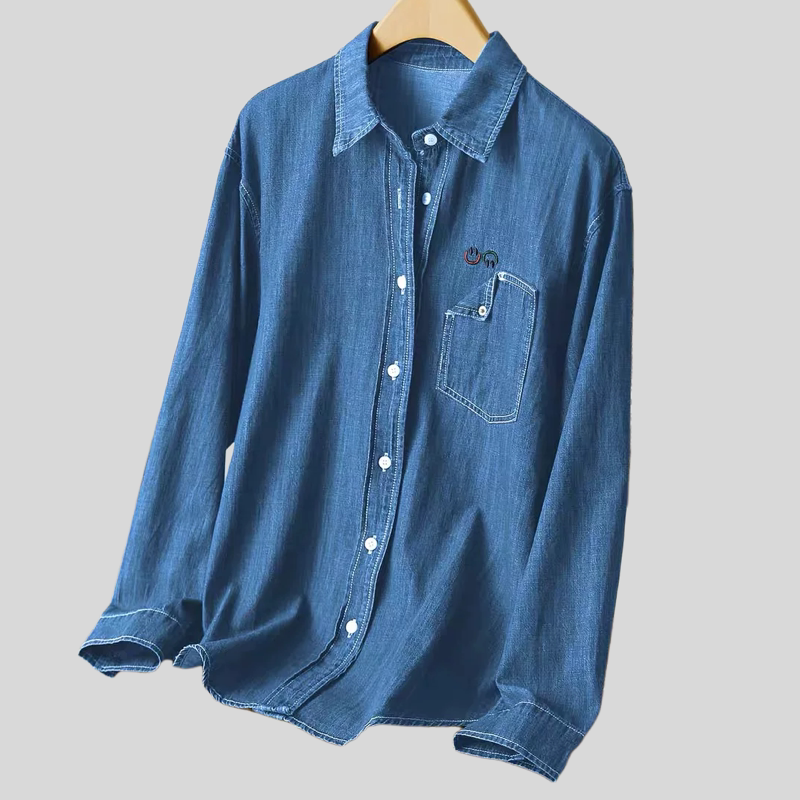 B443宽松大码春季女装全棉牛仔柔软长袖刺绣衬衫女