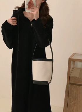 D834连帽卫衣加绒卫衣连衣裙女秋冬套头中长款休闲内搭过膝打底