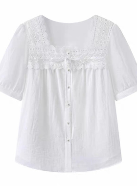 E832 衬衫镂空方领系带单排扣设计纯色简约时尚款衬衫短袖上衣女