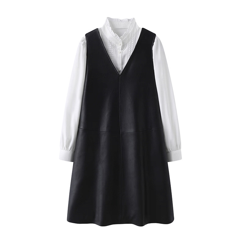 C153 皮裙背心裙 V领双口袋时尚气质百搭甜酷风春秋无袖裙 A字裙