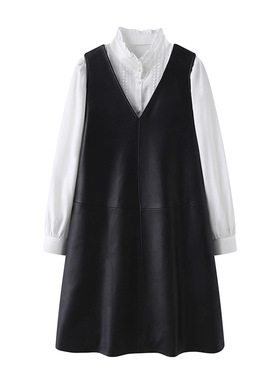 C153 皮裙背心裙 V领双口袋时尚气质百搭甜酷风春秋无袖裙 A字裙