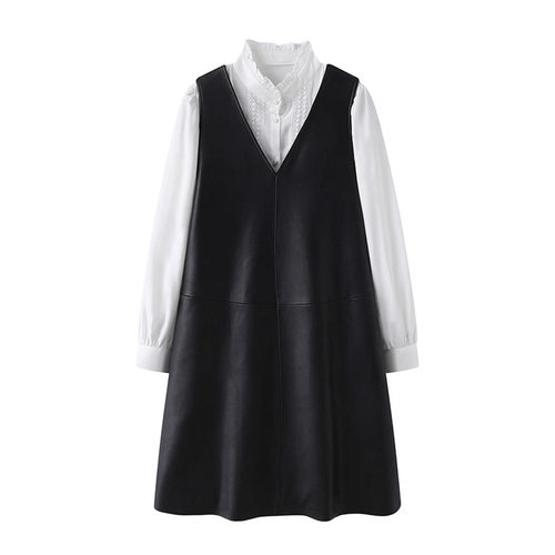 C153 皮裙背心裙 V领双口袋时尚气质百搭甜酷风春秋无袖裙 A字裙