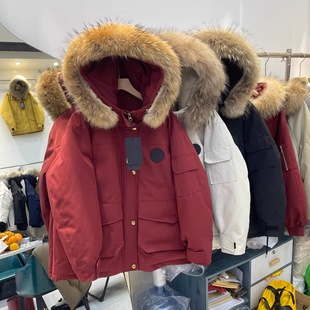E443冬新款貉子毛中长款工装羽绒服女宽松派克服白鸭绒女