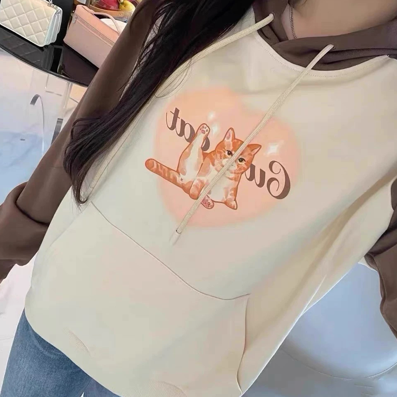 E952 卫衣 时尚新款抽绳连帽撞色拼接长袖可爱动物图案休闲百搭款