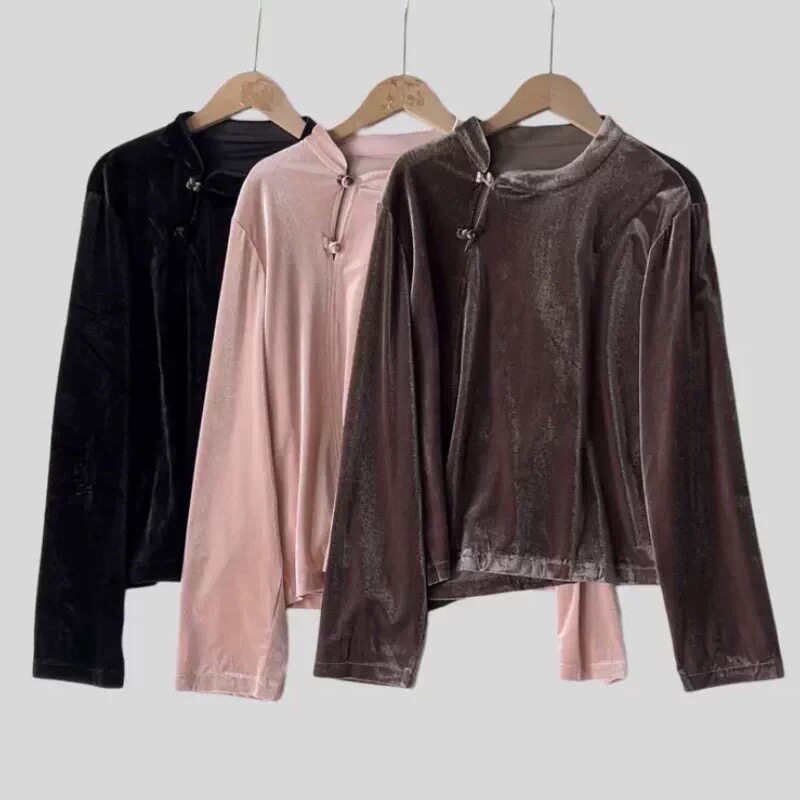 D022春季新中式丝绒长袖偏宽松套头盘口衬衫女