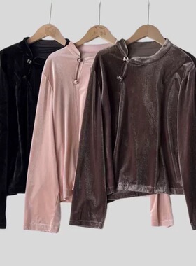 D022春季新中式丝绒长袖偏宽松套头盘口衬衫女