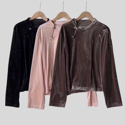 D022春季新中式丝绒长袖偏宽松套头盘口衬衫女