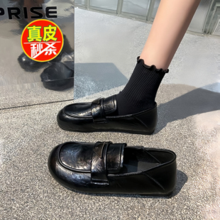 英伦风春季新款真皮女鞋乐福鞋一脚蹬懒人鞋平底单鞋子工作小皮鞋