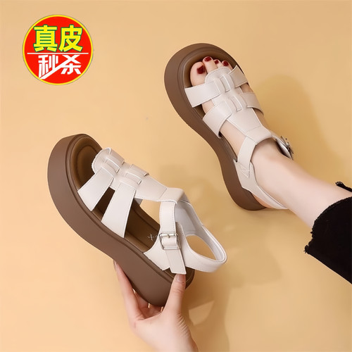 断码折扣真皮厚底罗马凉鞋女夏外穿2026年新款松糕增高软底沙滩鞋