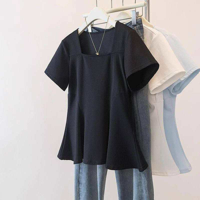 200斤胖mm遮肉显瘦收腰大码领正肩女装t恤女夏季荷叶边短袖上衣方