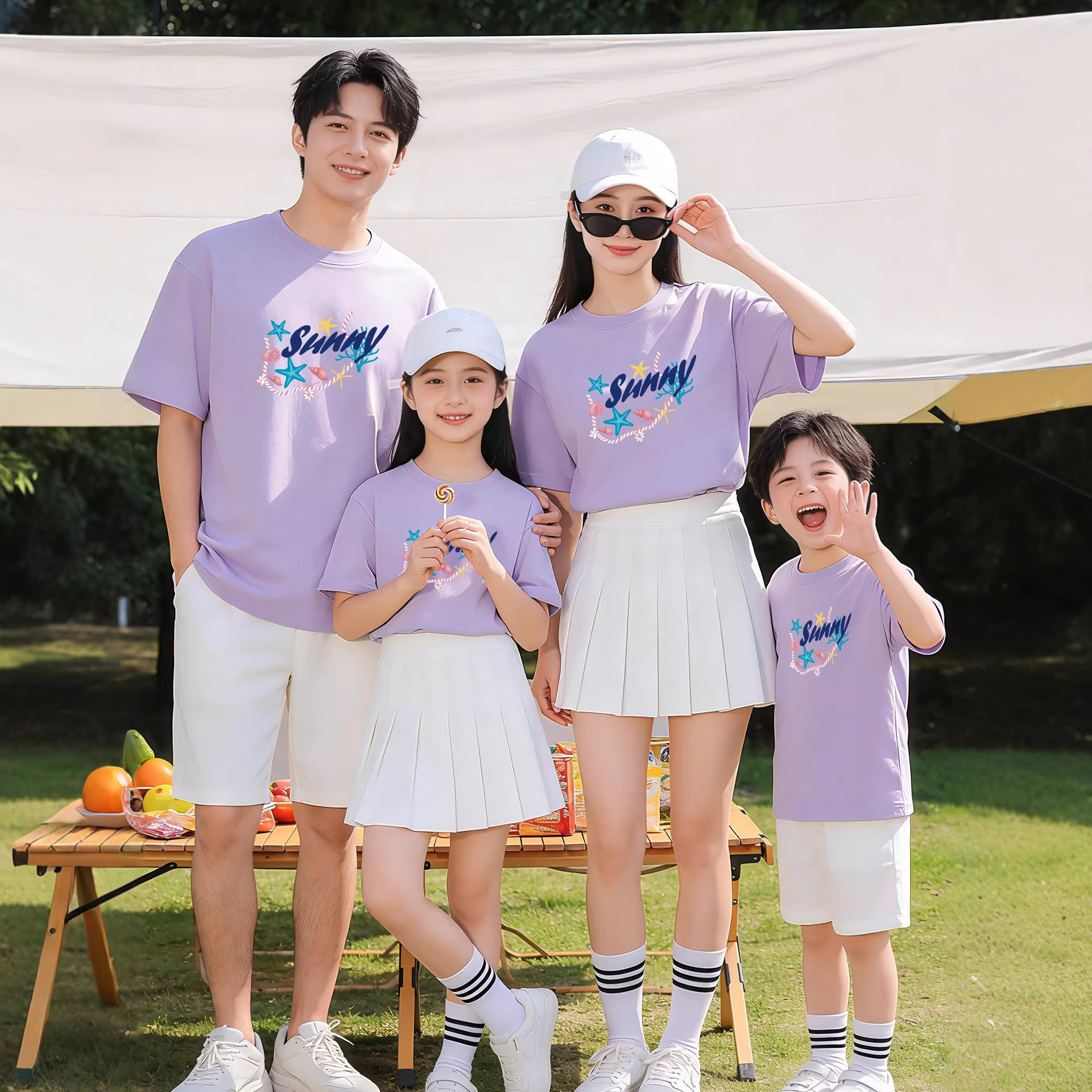 甜美母女装短袖夏天海滩旅游度假拍照服装一家三口全家装纯棉t恤