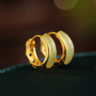 御臻珠宝｜天然青玉｜S925银｜新中式 国风耳钉耳环弧形耳扣古纹