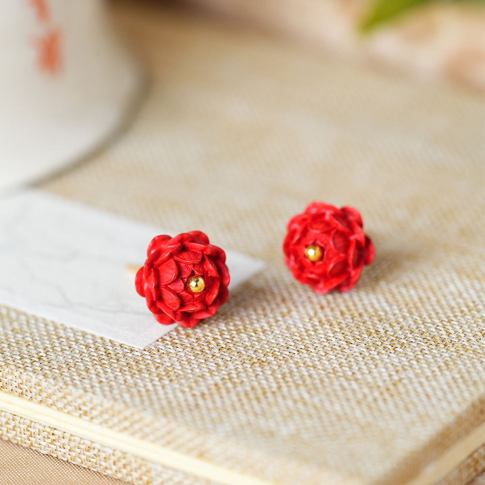朱砂莲花朵设计防过敏耳饰