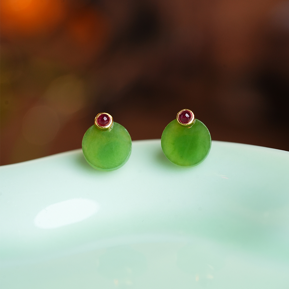 御臻珠宝｜碧玉｜S925银｜圆牌耳钉女绿色圆形玉石金镶玉耳饰