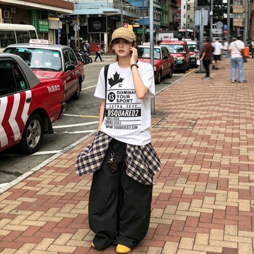 三齐+广州高版本+包装袋D2夏季T恤短袖泼墨丝印枫叶学生情侣套装T