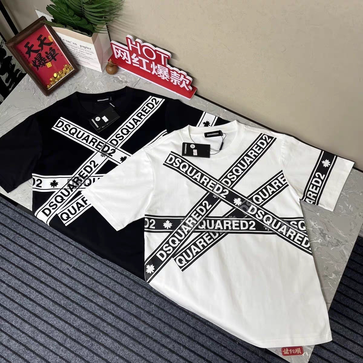 三标齐全+广州高版本+包装袋D2夏季T恤泼墨丝印枫叶学生情侣套装T